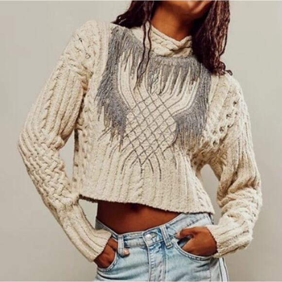 Free People Sweaters - Free People Icicle Embellished Sweater Women’s S Mock Neck Rhinestone NEW